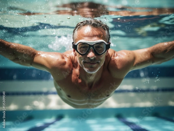 Fototapeta Close up of a underwater image of a middle -aged man who dives into the pool, front view.