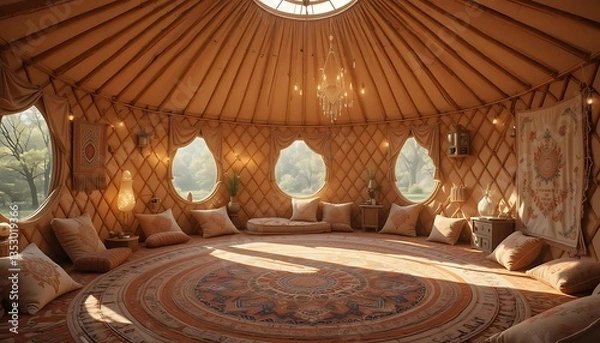 Obraz Warm and inviting interior of a yurt with a circular rug, comfortable cushions, and soft lighting creating a peaceful atmosphere.