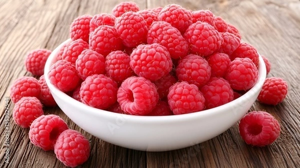 Fototapeta A white bowl overflowing with fresh juicy red raspberries on wood