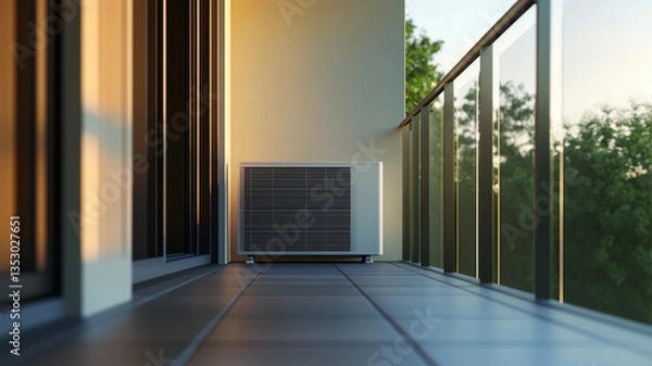 Fototapeta ベランダの室外機と光を受けるアルミ手すりの調和