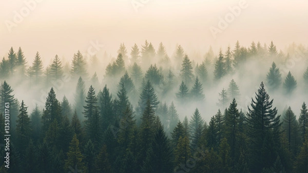 Fototapeta 煙に覆われ消えていく杉林の重なり