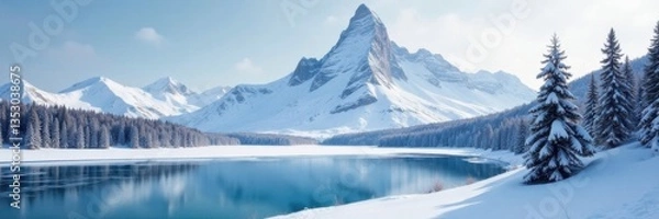 Fototapeta Snowy mountain peak with a frozen lake, snow-capped trees, and a serene sky, winter scenery, snowy peaks