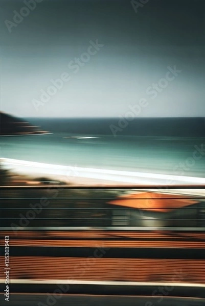 Fototapeta Blurred Coastal View from a Moving Train, Creative and clean background image