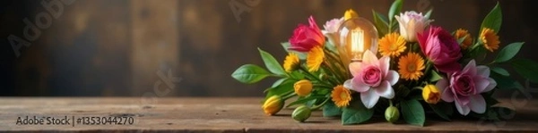 Fototapeta Spring Floral Bouquet on Wooden Table with a Single Lamp Bulb Centerpiece , floral arrangement, lamp