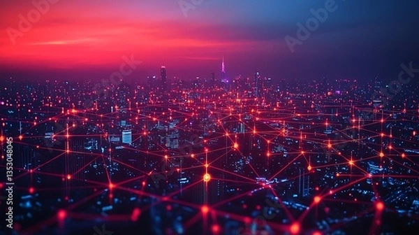Obraz Networked city at night, red lines connecting buildings.