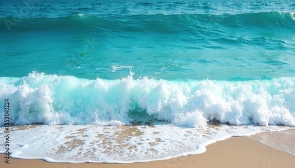 Fototapeta Turquoise ocean waves crashing against the shore with foamy crest, turquoise, ocean