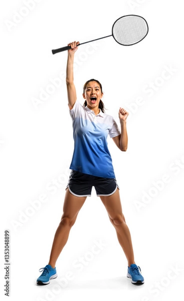 Fototapeta Asian woman badminton player holding racket above looking excited in winning celebration