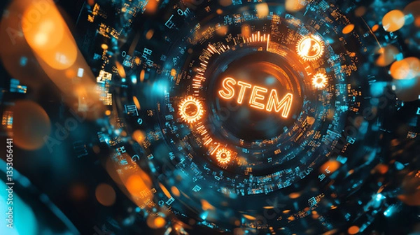 Fototapeta Futuristic digital vortex with STEM concept and glowing elements.