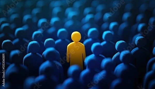 Obraz A single, bright yellow figure amidst a crowd of blue figures