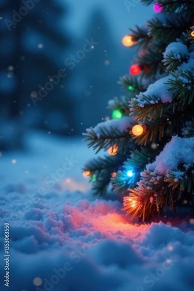 Fototapeta Colorful Christmas lights adorn a seamless border on a snowy background, festive, seamless