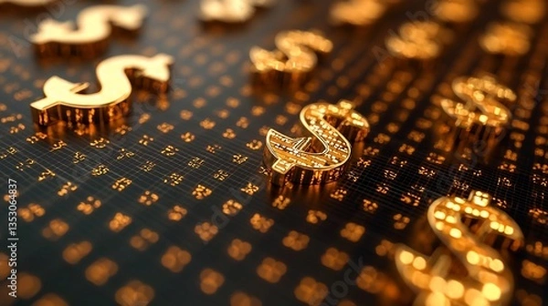 Fototapeta Golden dollar signs on a dark grid background.