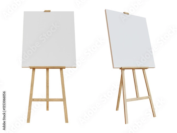 Fototapeta Empty canvas template on a wooden easel isolated on transparent background. 3D render. 3D illustration.