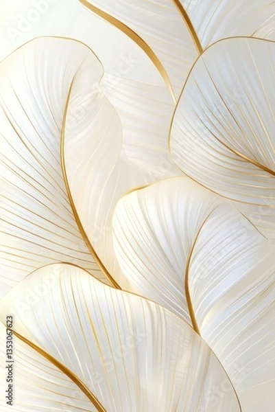 Fototapeta Elegant overlapping white leaves adorned with delicate gold outlines and lines
