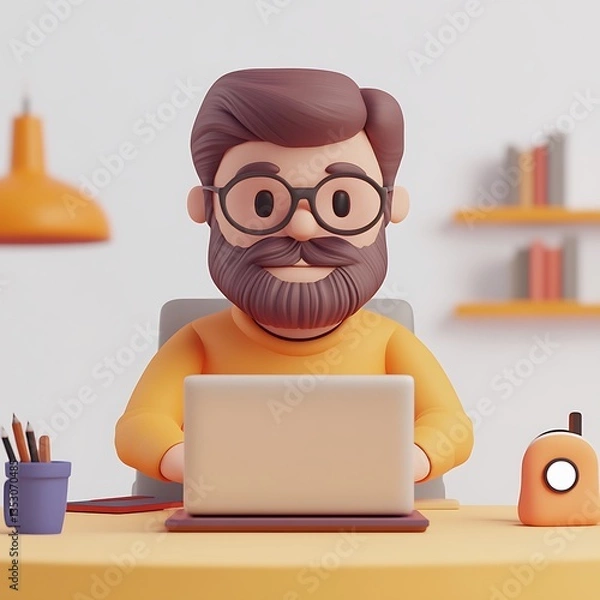 Obraz 노트북을 사용하는 3D 남성 캐릭터, AI 생성