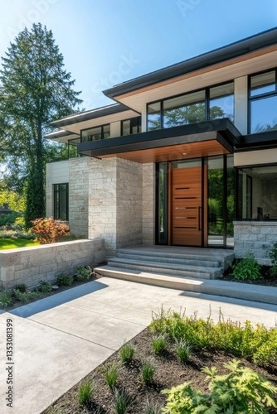 Obraz Modern facade of a luxury home with large windows and clean lines located in a peaceful neighborhood during bright daylight showcases a stylish entrance and landscaped garden