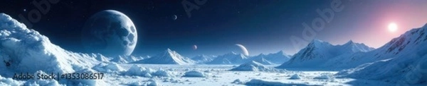 Fototapeta Icy moon orbiting distant icy planet with a binary star system in the background , Space, Icy moons