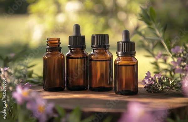Fototapeta Amber bottles containing essential oils displayed with flowers on a wooden surface outdoors
