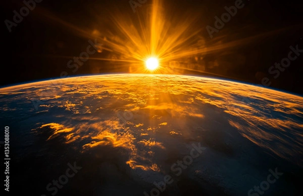 Fototapeta Sunrise over earth with golden clouds and bright sun rays beaming into the darkness of space view