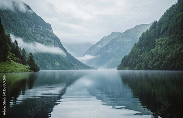 Fototapeta A serene lake surrounded by mountains covered in lush greenery under a cloudy sky creating a peaceful scene