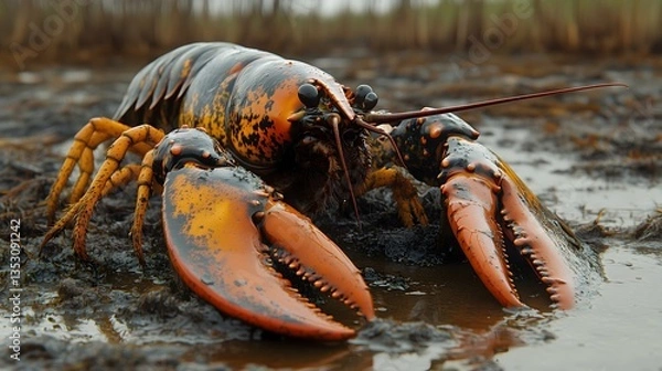 Fototapeta Lobster covered in oil demonstrates the tragic consequences of an oil spill on marine life