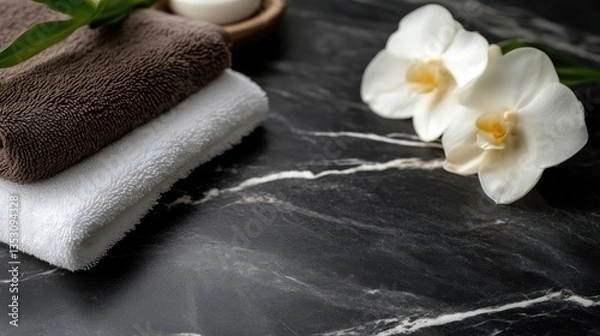 Fototapeta Spa-inspired wellness scene with towels, orchids, and candle