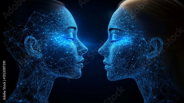 Fototapeta Two digital human faces composed of interconnected blue lines and dots face each other against dark background, symbolizing concept of digital twins and advanced technology