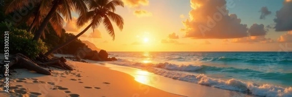 Fototapeta Sandy ocean shore with palm trees and driftwood under warm orange sun, warm light, palm trees