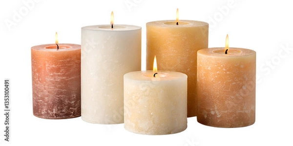 Fototapeta Three burning candles glowing in the dark on a white background