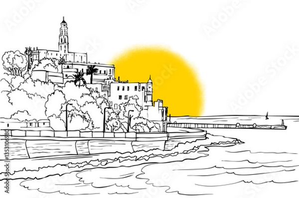 Obraz Nice view of the Old Jaffa, Tel Aviv, Israel. Ancient Harbor. Sunshine. Urban landscape. Hand drawn sketch. Line art. Vector illustration on white background.