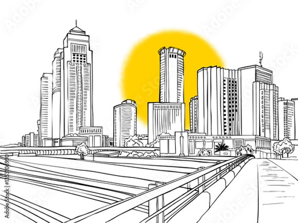 Obraz Urban landscape. Nice view on the modern Tel Aviv, Sunshine, Ramat Gan, Israel. Urban sketch. Hand drawn line sketch. Vector illustration on white.
