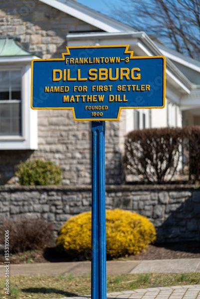 Fototapeta Dillsburg, PA, USA - March 9, 2025: A marker in the town first known as Franklintown, the York County town was named for the first settler, Matthew Dill.