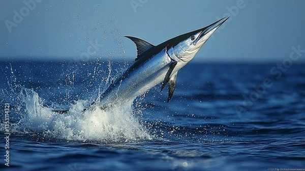 Obraz Striking blue marlin leaping from ocean, splashing water.