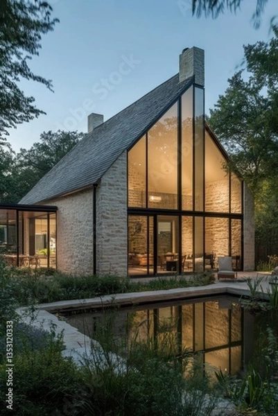 Fototapeta A contemporary architectural masterpiece featuring a stunning glass-fronted house, elegantly set against the backdrop of a peaceful landscape at dusk