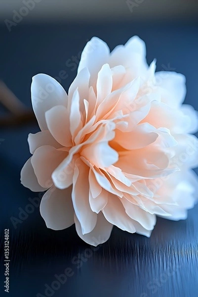Obraz Delicate peach-colored dahlia flower with layered petals in soft focus against dark blue background, creating dreamy romantic mood for wedding and floral designs.