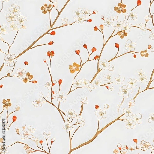 Fototapeta Delicate floral pattern with cherry blossom branches and orange berries on white background. Seamless design for fabric, wallpaper, and spring stationery. Japanese nature motif.