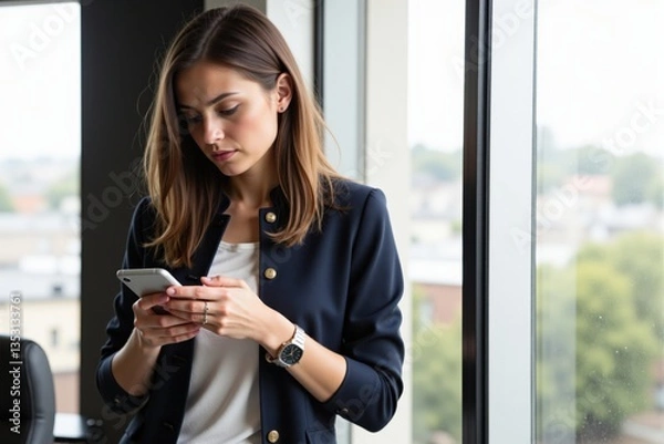 Fototapeta A professional young adult woman, around 25 years old, dressed in business attire, focused on her smartphone while standing near a window in a modern office environment.