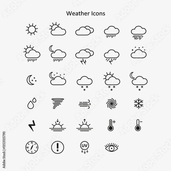 Obraz weather, meteorology, climate icons. minimalist vector black color. modern, simple symbols. sun, rain, temperature, sky, wind, humidity