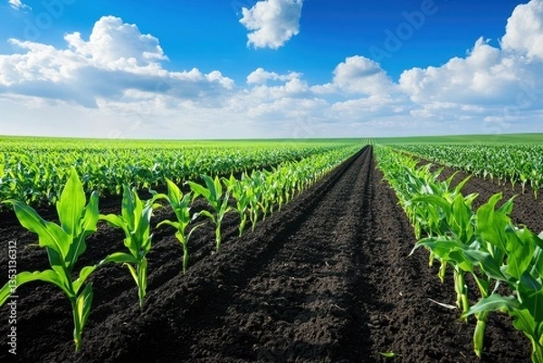 Fototapeta Green plants grow in rows on fertile agricultural fields