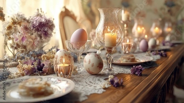 Fototapeta A table with a lace tablecloth and a variety of items including eggs, candles