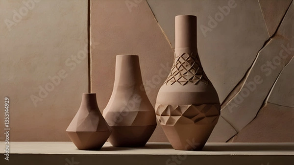 Fototapeta Geometric clay forms in soft, neutral tones stand precariously atop each other, casting subtle shadows against a textured wall