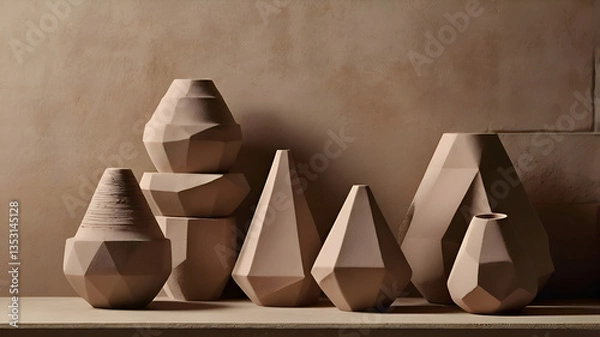 Fototapeta Geometric clay forms in soft, neutral tones stand precariously atop each other, casting subtle shadows against a textured wall