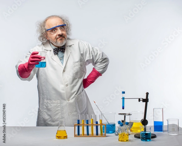 Obraz Science professor with grey hair standing in fromt of a chemistry lab