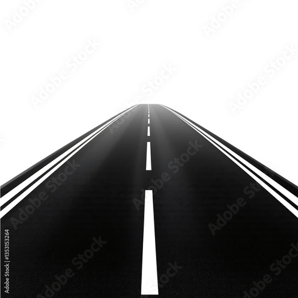 Fototapeta Empty asphalt road with white lines leading to the horizon on transparent background