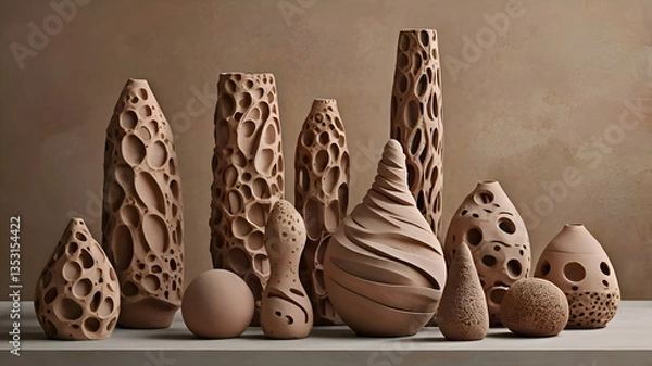 Fototapeta Abstract clay sculptures arranged in a delicate balance, showcasing a blend of earthy textures and organic shapes.