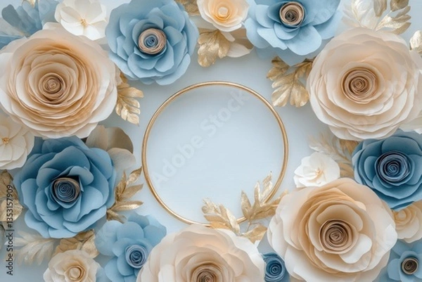 Fototapeta A collection of floral paper designs with a golden circular element