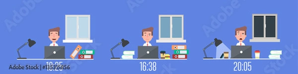 Fototapeta Business life workaholic worker in office day and night scene vector illustration