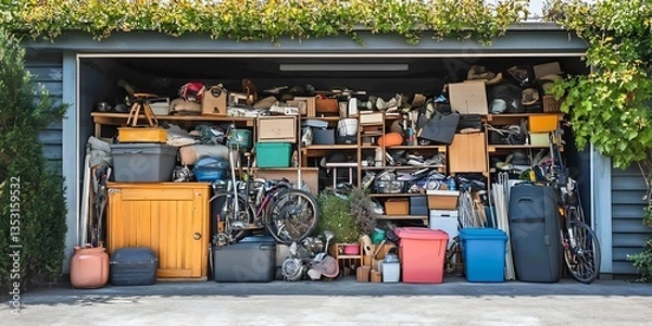 Fototapeta The open garage is filled with various items for storage