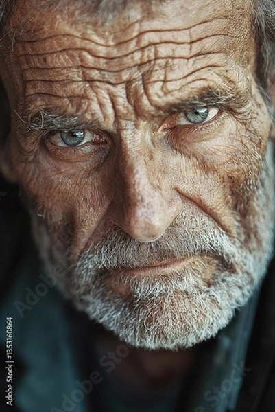 Fototapeta Portrait of weathered man gazing intensely. Deep wrinkles etch his face, hinting at a life lived with determination. Eyes hold a spark of wisdom.
