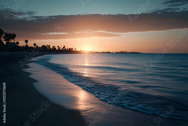 Fototapeta Sunrise over tranquil beach, palm trees, ocean; travel photography