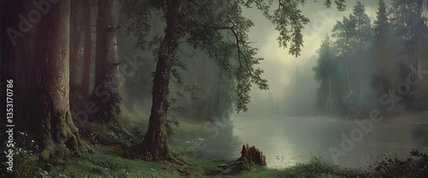 Fototapeta Misty forest lake, tranquil scene, nature background, wallpaper